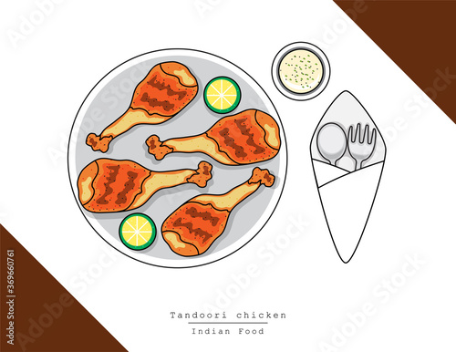 Illustration vector isolated Indian food dish on table top view with fork and spoon, Spicy tandoori chicken with lemon sliced at restaurant or homemade