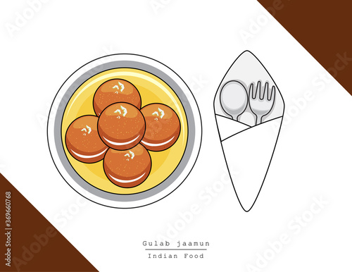 Illustration vector isolated Indian food dish on table top view with fork and spoon, desert or sweet Gulab jamun served at restaurant or homemade