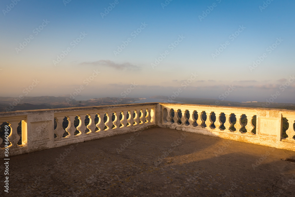 A panoramic terrace on the top of El Toro Mountain - the highest peak of Menorca, Balearic Islands, Spain