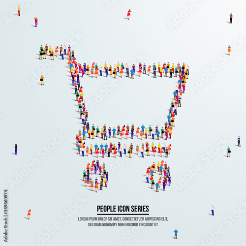 Shopping cart icon or trolley. large group of people form to create shopping cart. vector illustration.