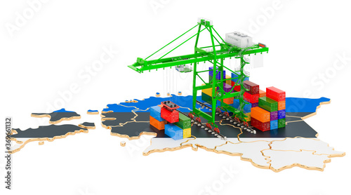 Freight Shipping in Estonia concept. Harbor cranes with cargo containers on the Estonian map. 3D rendering