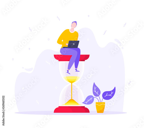 Time managemet business concept metaphor. Happy young adult man sitting on hourglass and working on his laptop. Work planning and multitasking organization concept flat design vector illustration.