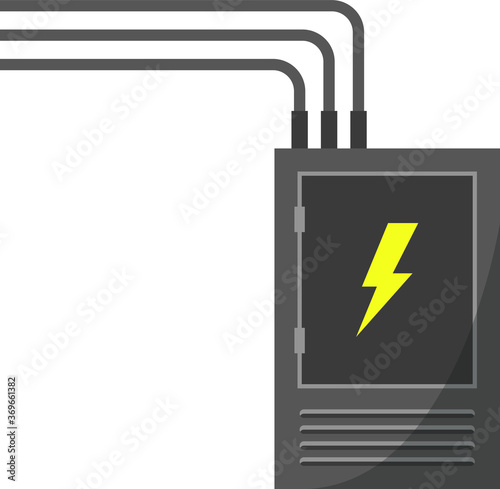 Switchboard. Electrical wires in box. High voltage sensor. Technical industrial appliance. Danger sign - yellow lightning. Current switch. Cartoon flat illustration. Fuse and electrical engineering
