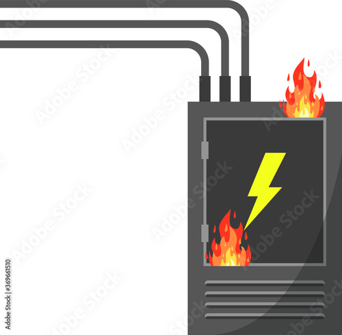 Damaged Switchboard. Electrical wires in box. High voltage sensor. Cartoon flat illustration. Fuse and electrical engineering. Technical industrial appliance. Danger situation - fire.