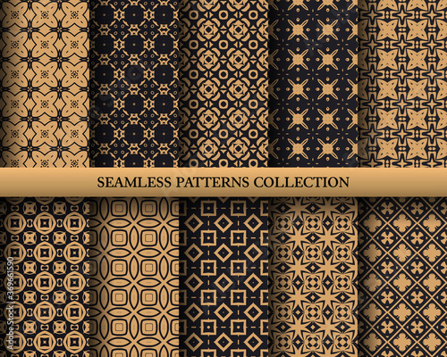 Seamless golden backgrounds. Geometric decorative digital papers. Vector design. Luxury vintage illustration