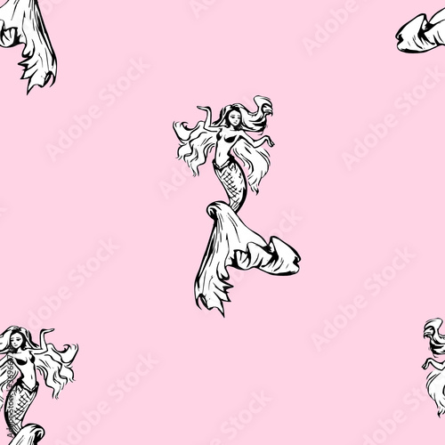 Mermaid vector seamless pattern - ink style - pink white and black