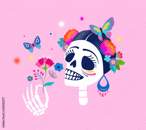 Dia de los muertos, Day of the dead, Mexican holiday, festival. Woman skull with make up of Catarina with flowers crown. Poster, banner and card with sugar skull