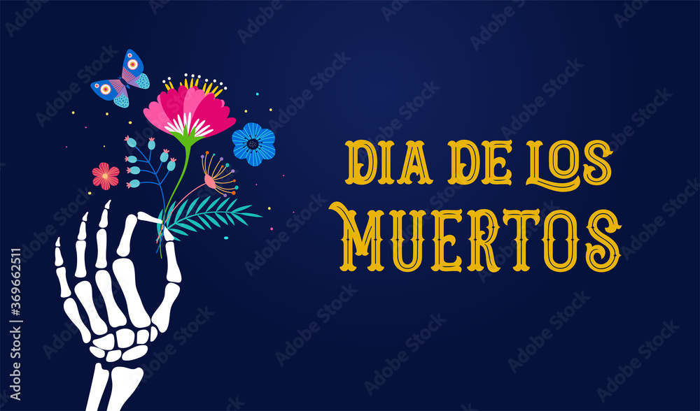 Dia de los muertos, Day of the dead, Mexican holiday, festival. Vector poster, banner and card with skeleton hands holding flowers, cocktail drink