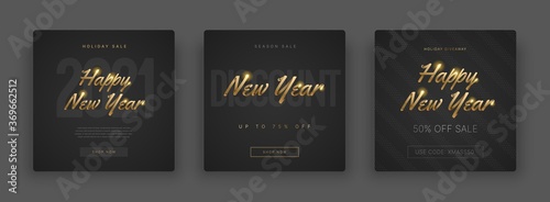 Happy New Year 2021 and Merry Christmas sale stories template set for social media. Vector illustration with gold lettering for flyer, banner and invitation card.