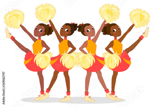 Group of four african wtih pom poms cheerleaders illustration