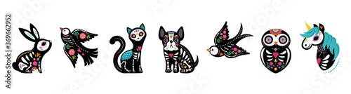 Day of the dead, Dia de los muertos, animals skeletons collection, dog, bird, unicorn, bunny and cat skulls and skeleton decorated with colorful Mexican elements and flowers. Fiesta, Halloween