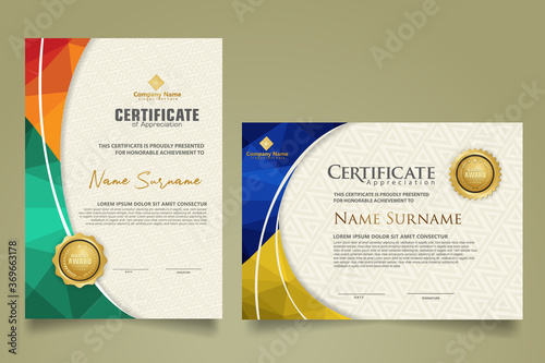 Set modern certificate template with triangle geometric polygon on circular lines ornate background