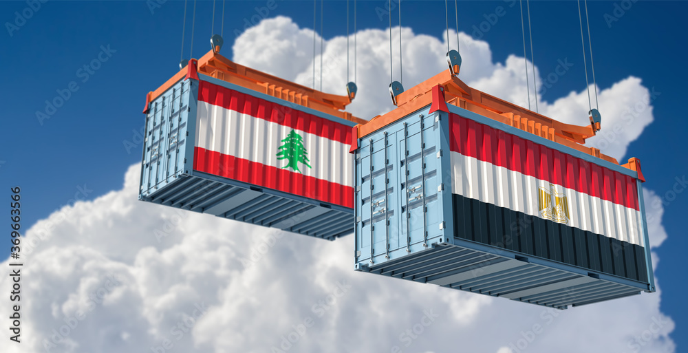 Freight containers with Egypt and Lebanon flag. 3D Rendering 