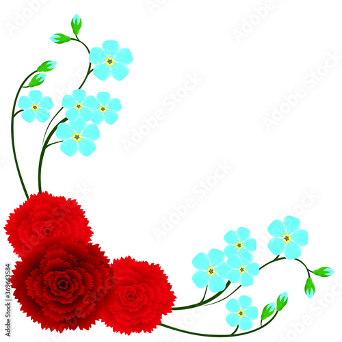 Corner with blue forget me not flowers and carnations.