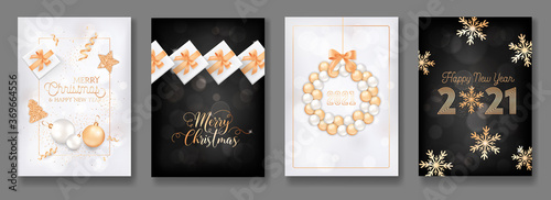 Set of Merry Christmas and Happy New Year 2021 Greeting Cards with Gold Decoration  Balls  Gifts  Glitter  Xmas Tree