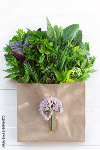 A fragrant bouquet of herbs from the garden on a white wooden table. Fresh herbs in a paper craft bag under the rays of the sun from the window.