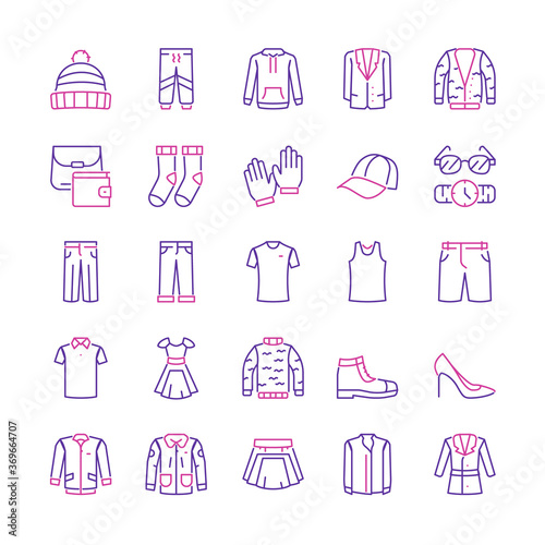 Vector color linear icon set of clothing, wardrobe