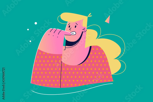 Emotion, face, expression, problem, mental stress, worry, depression, anxiety concept. Young anxious worried woman girl teenager charater looking stressed and nervous with hands on mouth biting nails.