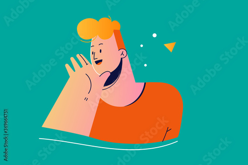 YCommunication, emotion, face, expression, advertising, promotion concept. Young happy smiling cheerful man guy boy teenager character standing shouting or screaming loud to side with hand on mouth.