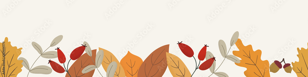 Seasonal autumn hand drawn raster background. Fall decorative illustration with leaves,acorns and berries.Orange and brown foliage drawing in flat style. Cute backdrop with forest leafage