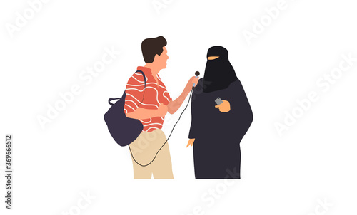 Journalists of news channels and radio stations are take interviewed. Characters interviewer and people. Vector illustration in flat cartoon style.