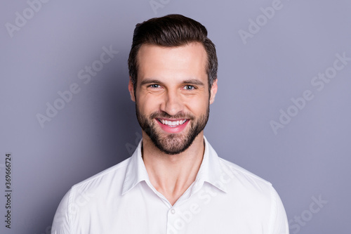 Portrait of imposing man ceo attorney look in camera toothy smile enjoy decide job decision solution wear white shirt isolated over gray color background