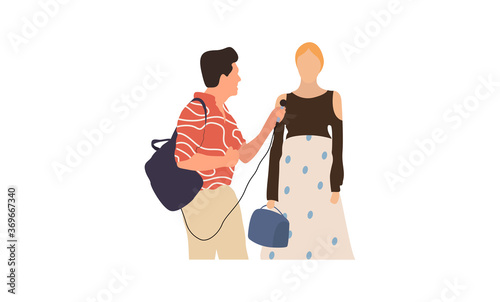 Journalists of news channels and radio stations are take interviewed. Characters interviewer and people. Vector illustration in flat cartoon style.