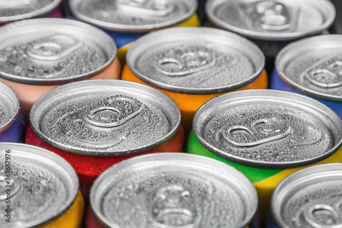 metal aluminum cans for Cola, beer, energy drinks and mineral water. Background of aluminum cans