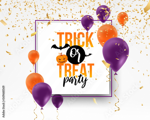 Halloween party announcement with balloons and confetti.