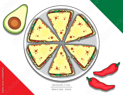 Illustration vector isolated Mexican food top view on table line doodle style of Chilaquiles with Quesadillas as Mexico restaurant menu concept