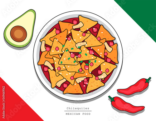 Illustration vector isolated Mexican food top view on table line doodle style of Chilaquiles with tomatoes salsa sauce as Mexico restaurant menu concept