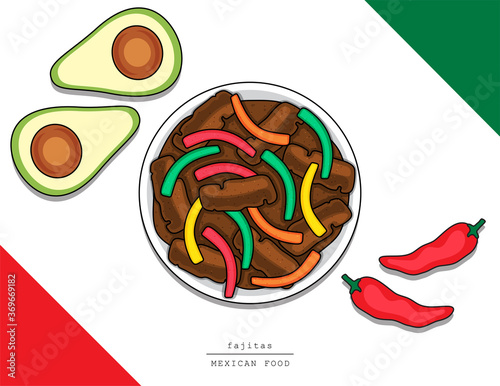 Illustration vector isolated Mexican food top view on table line doodle style of fajitas or stir fried beef and chili pepper as Mexico restaurant menu concept