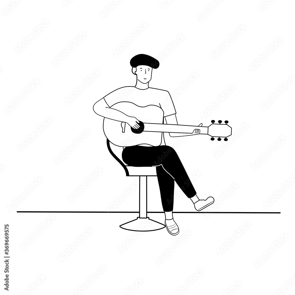 The young man playing classical guitar sitting on a chair. Music, sing