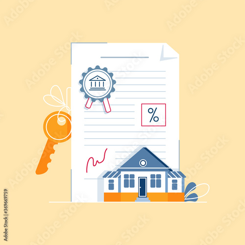 Mortgage contract concept. Signing paper agreement, document with house keys, bank stamp, mortgage rate. Simple illustration isolated on white background. Modern flat design with line texture, vector