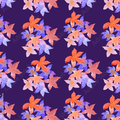 BRIGHT CHEERFUL WATERCOLOR SEAMLESS PATTERN OF DELICATE FLOWERS ON A DARK BACKGROUND FOR WALLPAPER ORFABRIC