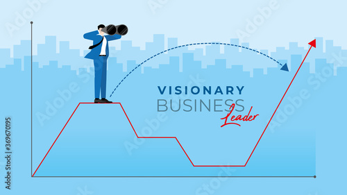 Business vision concept. Businessman uses binoculars for searching the way to across the economic crisis graph.