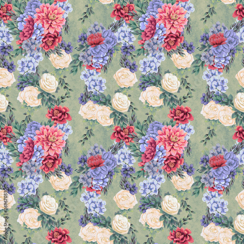 Fototapeta Naklejka Na Ścianę i Meble -  Watercolor floral seamless pattern. Hand painted flowers, greeting card template or wrapping paper