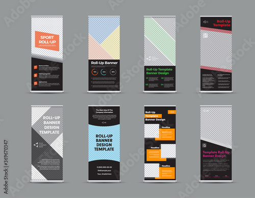 Vector roll up banner template with colored geometric elements on black background, design presentation with place for photo.
