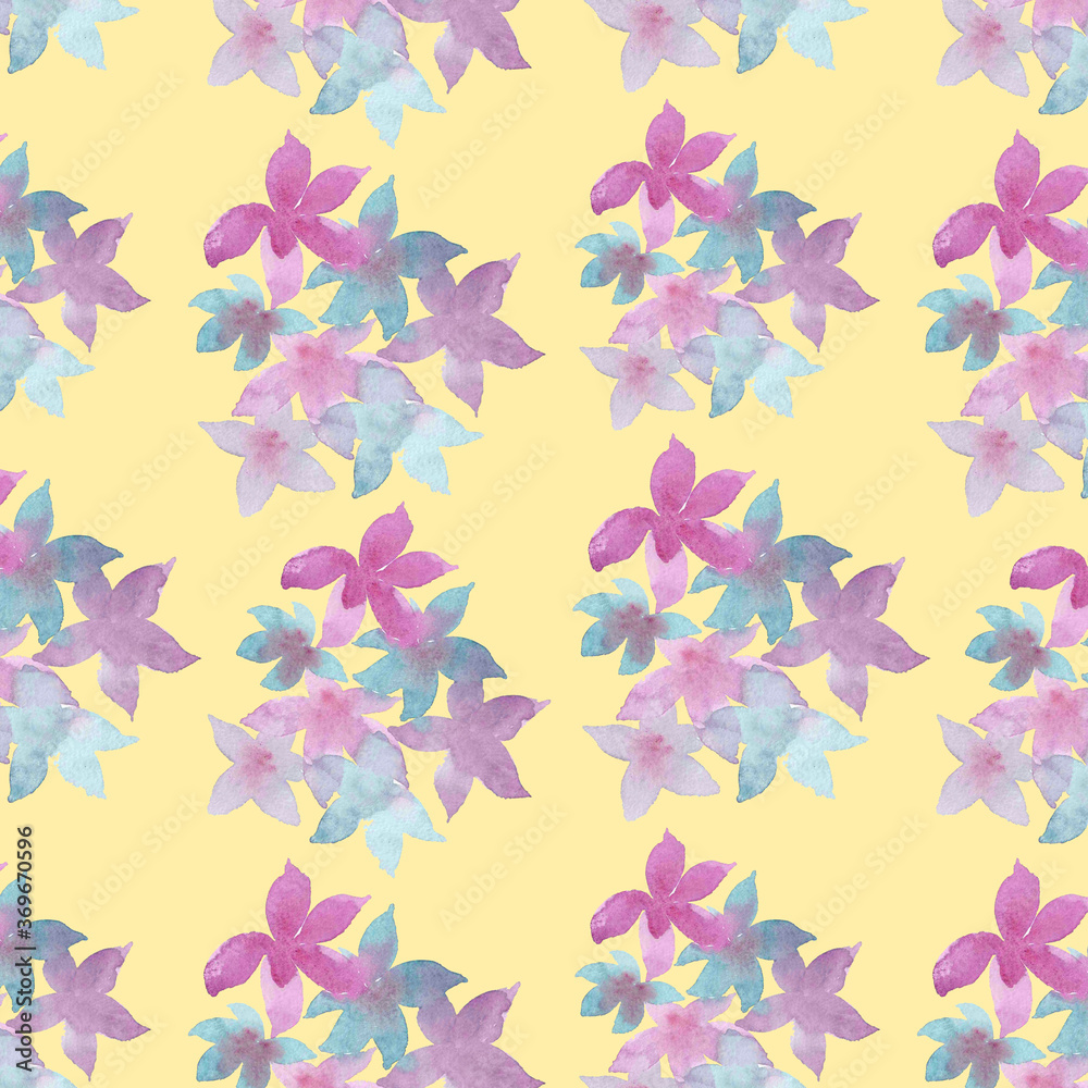 WATERCOLOR ILLUSTRATION SEAMLESS PATTERN OF DELICATE WATERCOLOR FLOWERS ON A  BRIGHT BACKGROUND 