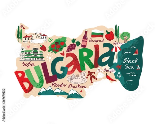 Decorative color map of Bulgaria with sights and symbols drawn in a flat style on a white background. Concept banner for travel, tourist guide, comic infographic poster. Cartoon vector illustration