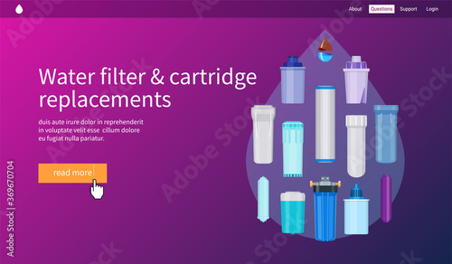 Water filtration concept. Water filter and cartridge replacements. Realistic vector illustration