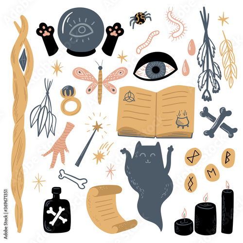 Vector magic collection with witchcraft and occultism symbols. Staff, stick, plants, worms,  stars, bones, rings, runes, candles, ghost, spell book, stars, moth, spider. Funny hand drawn illustration