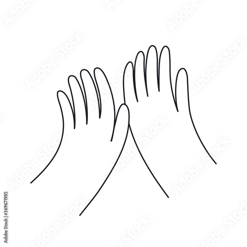 High five, a gesture of celebration or greeting in which two people slap each other's open palm with their arms raised.  Flat line vector icon