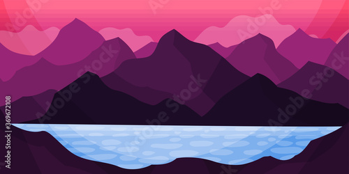Distant Mountain Peaks and Lake Horizontal Landscape Vector Illustration