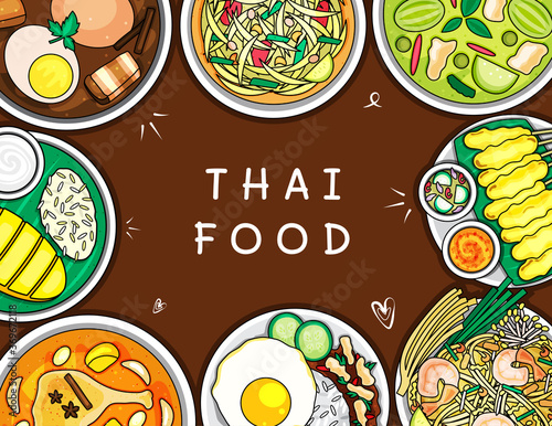 Illustration vector isolated doodle line style icon dish of Thai food top view on table at restaurant Thailand. Som tum, pad Thai, dessert,fruit, curry ,pork ,chicken, noodle, rice, fish menu