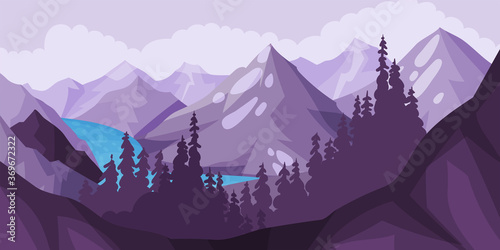 Mountain Landscape with Peaks, High Trees and Flashy River Vector Illustration