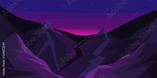 Mountain Landscape with Peaks and Night Starry Sky Vector Illustration