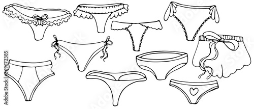 sexy underwear for woman - briefs, vector set of doodle style elements with black outline