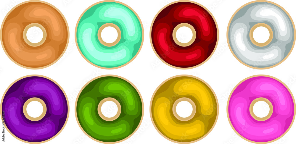 Simple Vector Design of Donut in Brown, Blue, Red, White, Purple, Green, Yellow, and Pink Simple Vector Design of Donut in Brown, Blue, Red, White, Purple, Green, Yellow, and Pink