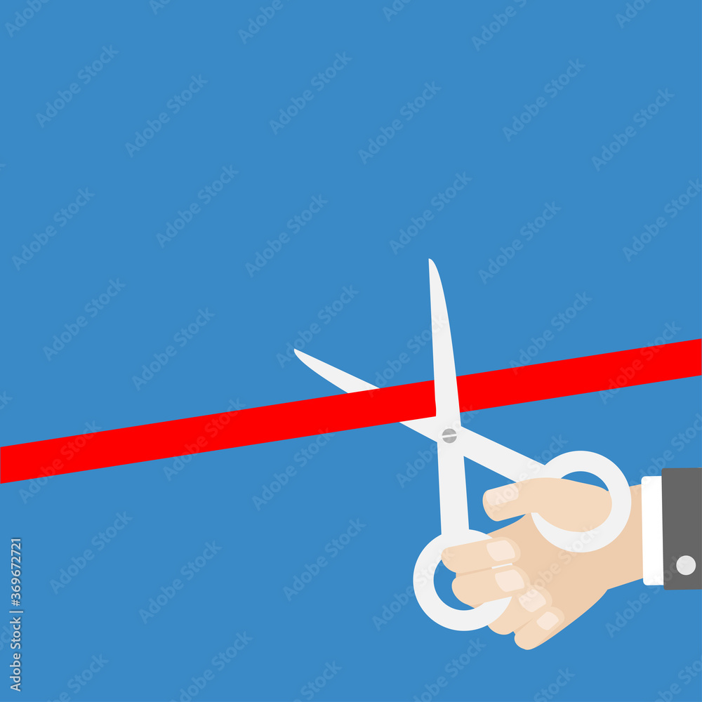 Businessman hand scissors cut the straight red ribbon. Grand opening  ceremony. Inauguration Flat design style. Isolated template. Blue background.  Stock Vector | Adobe Stock